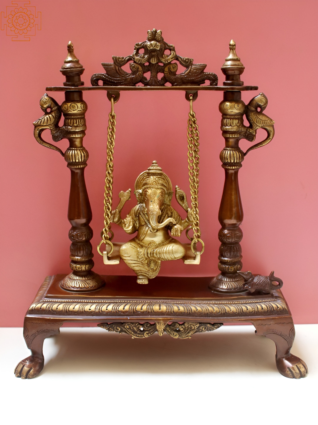 Exotic India Lord Ganesha on A Swing Gold Brass Metallic Prayer Room Medium Showpiece - 13 Inches
