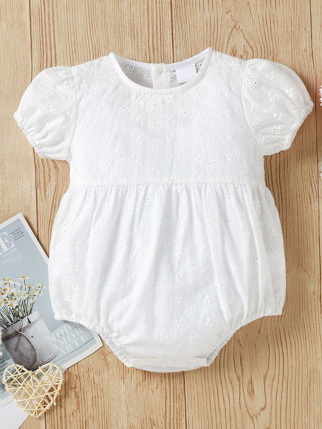 YK Infant Girls Eyelet Embroidered Cotton Puff Sleeve Bodysuit