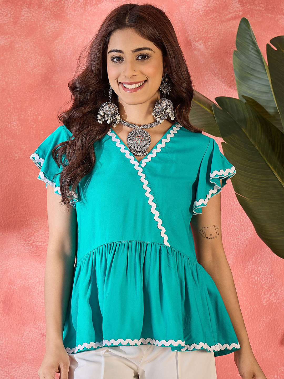 Sangria Women Ruffle V-Neck Flutter Sleeve Peplum Top