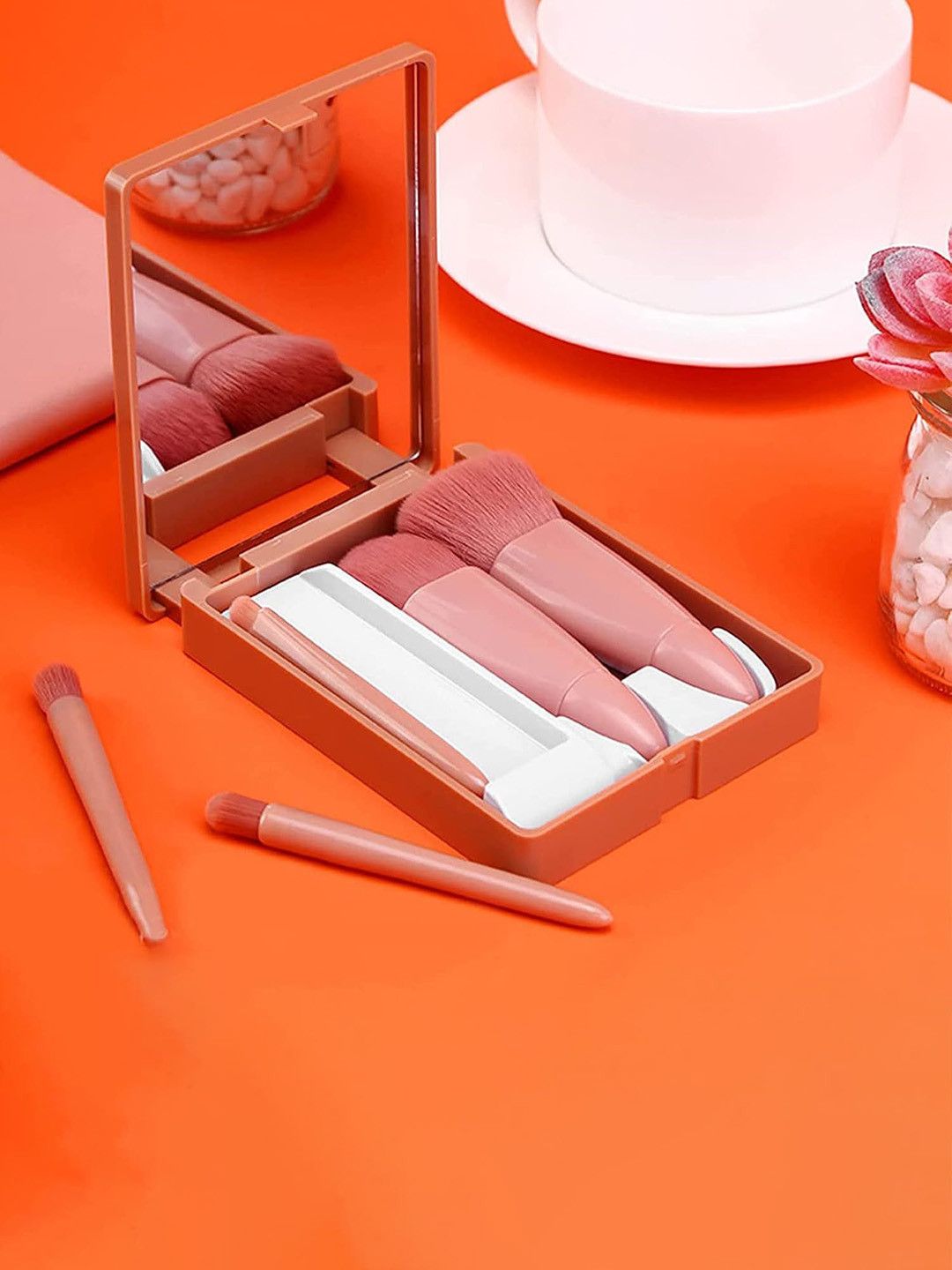 PURRPALAX Set Of 5 Makeup Brushes With Mirror - Pink