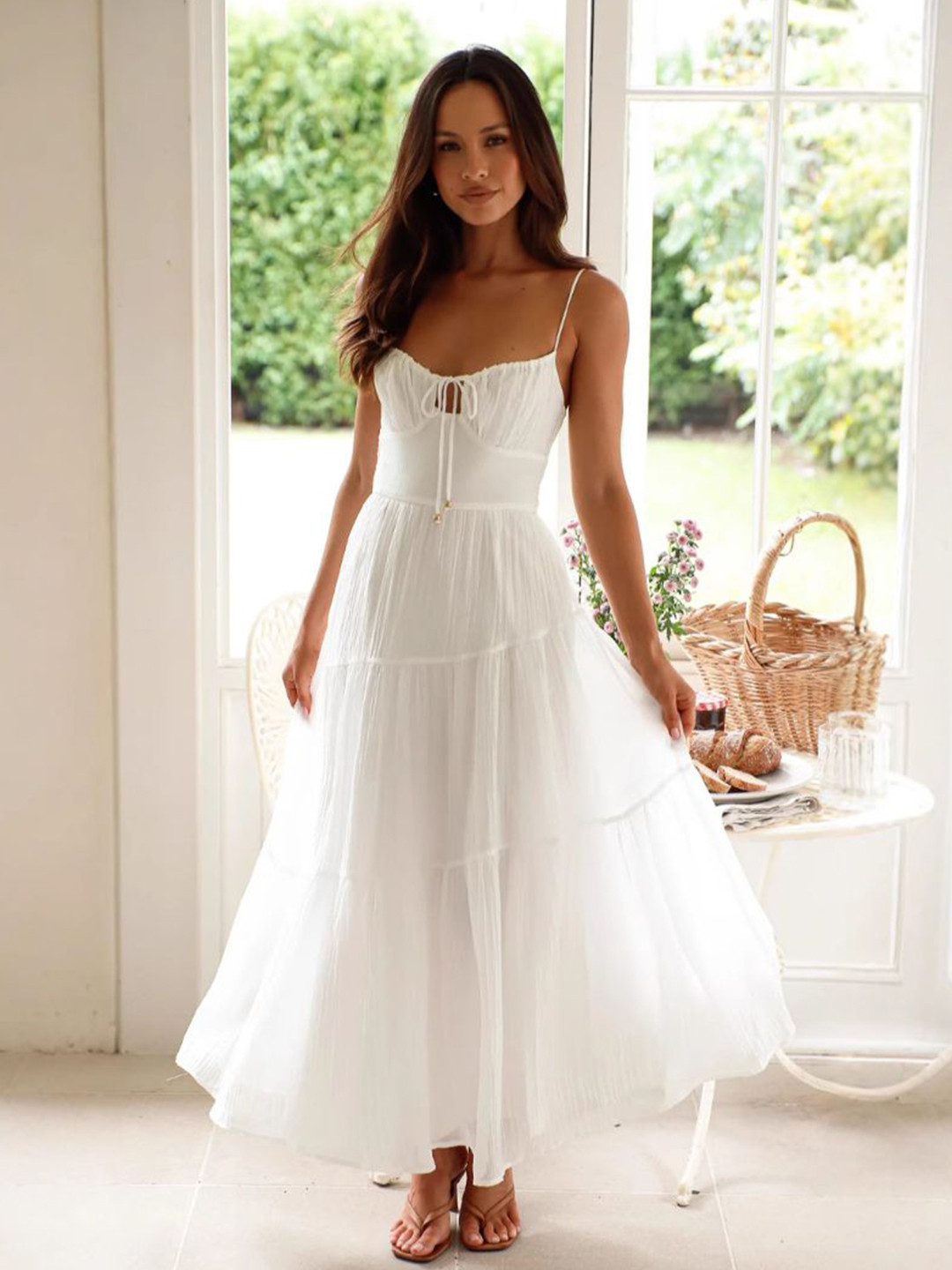 bebe White Tie-Front Bust Spaghetti Strap Fit & Flare Tiered Maxi Dress