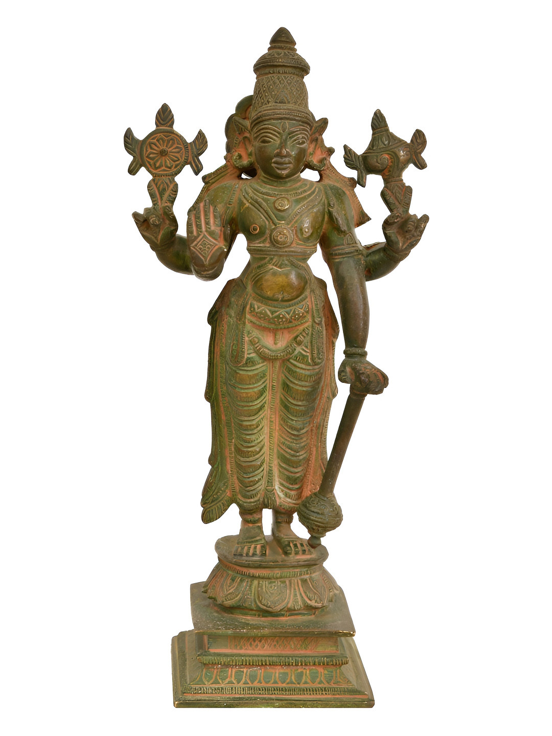 Exotic India Standing Vishnu Green Brass Metallic Prayer Room Hand Made Medium Showpiece - 2.5 Inches