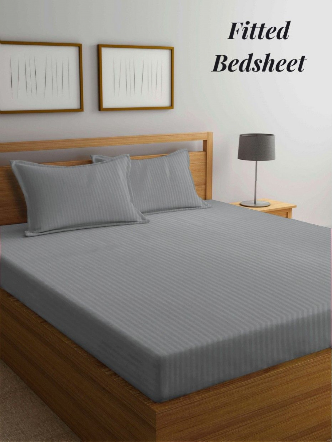Aura Grey Striped Polycotton 300 TC Fitted Super King Superfine Bedsheet with 2 Pillow Covers-106 x 102 inches