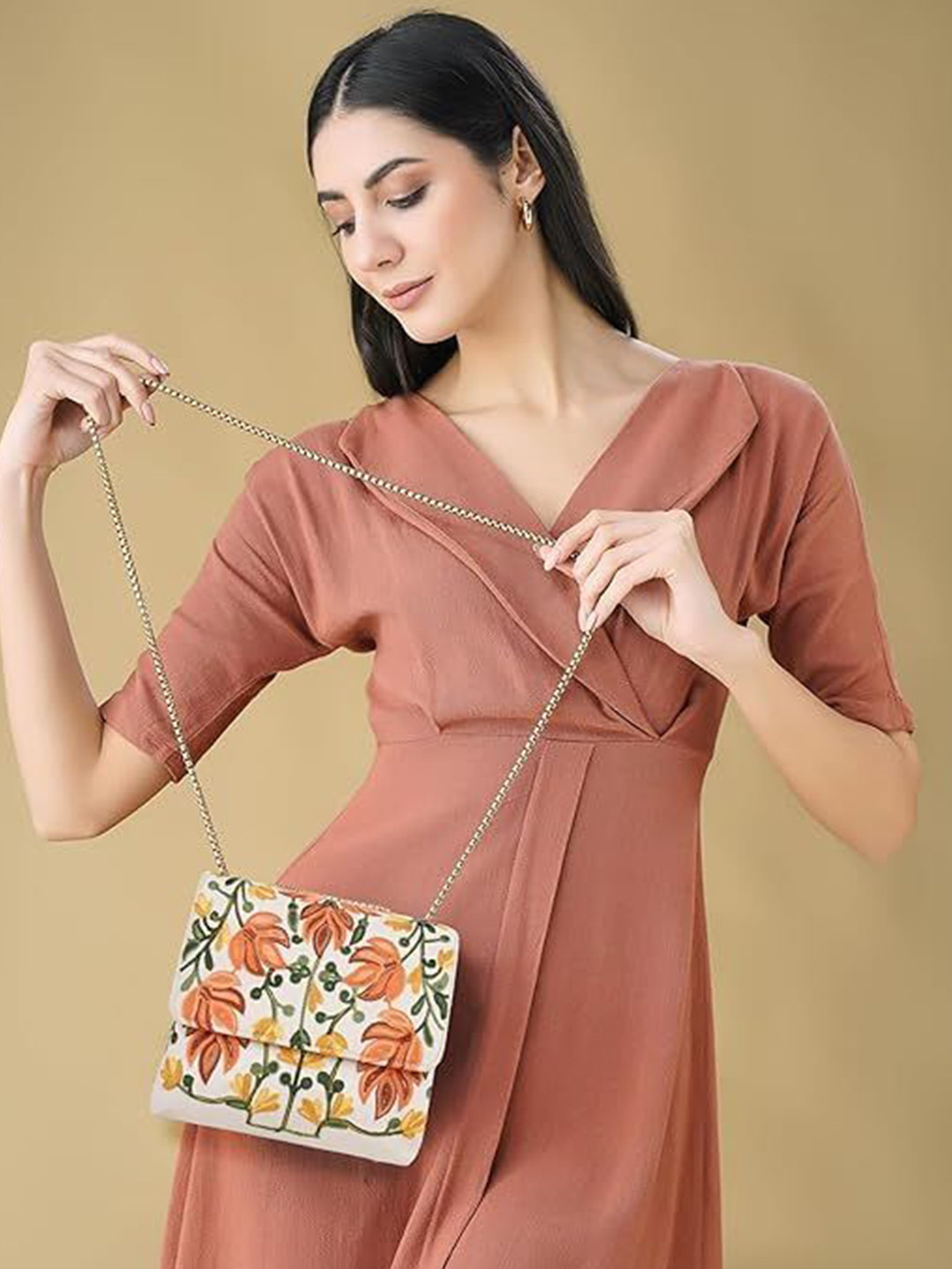 EVEDA Floral Embroidered Structured Sling Bag