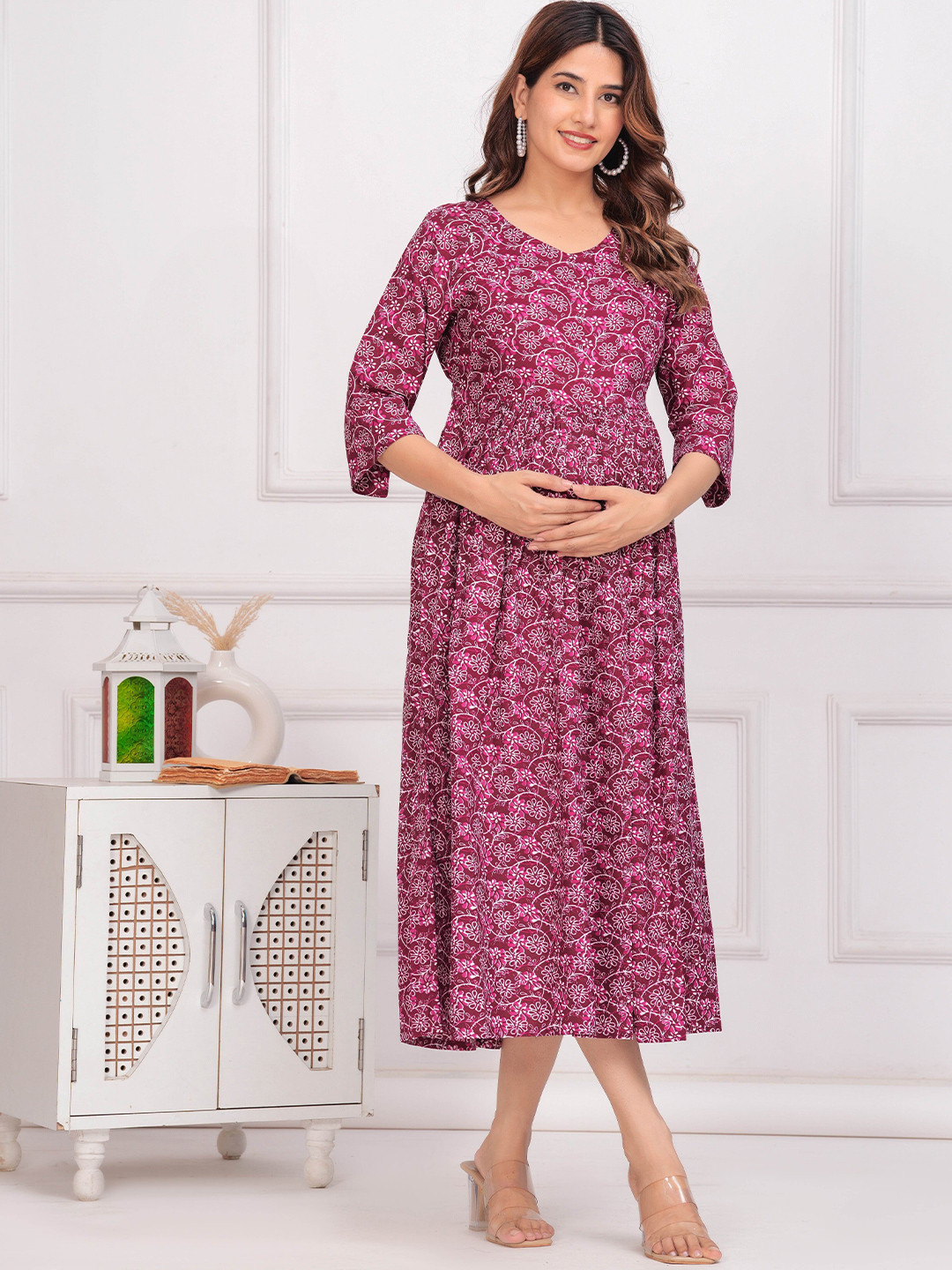 Moda Rapido Maroon Floral Maxi Maternity Dress