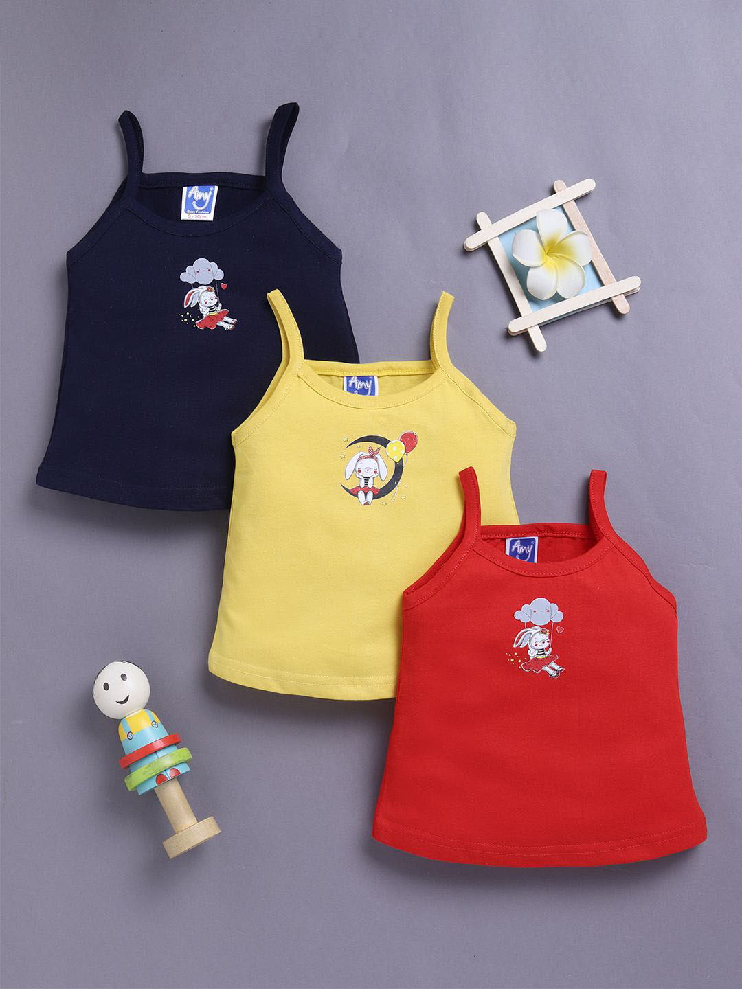 Unfab Infant Girls Assorted Pack Of 3 Printed Cotton Non Padded Camisoles