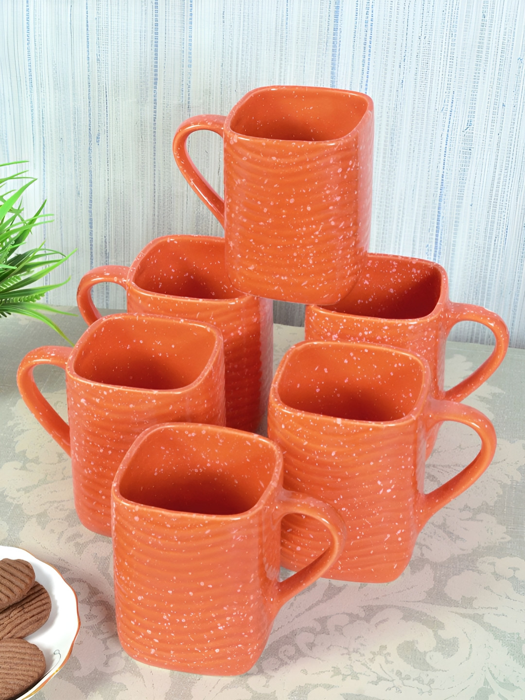 Myntra Elegant Homes Personalised Love Orange Textured Ceramic Handmade 6 Piece Mugs-380ml