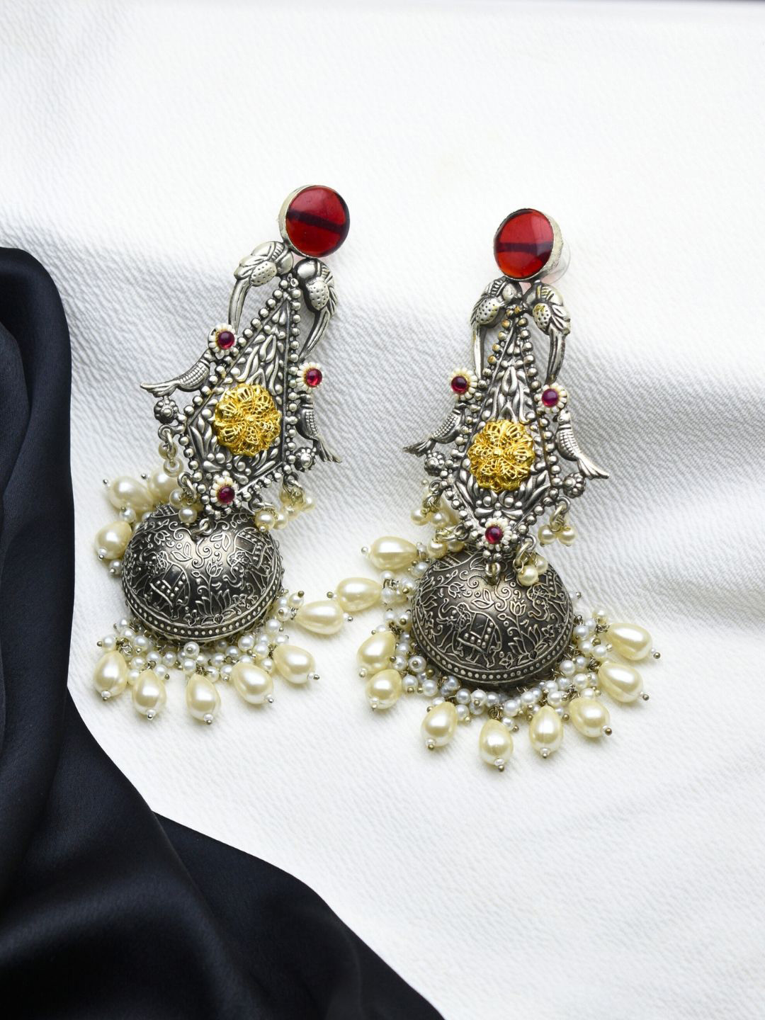 J & C Fashion Arena  Silver-Plated Stones Studded & Pearls Beaded Dome Shaped Jhumkas