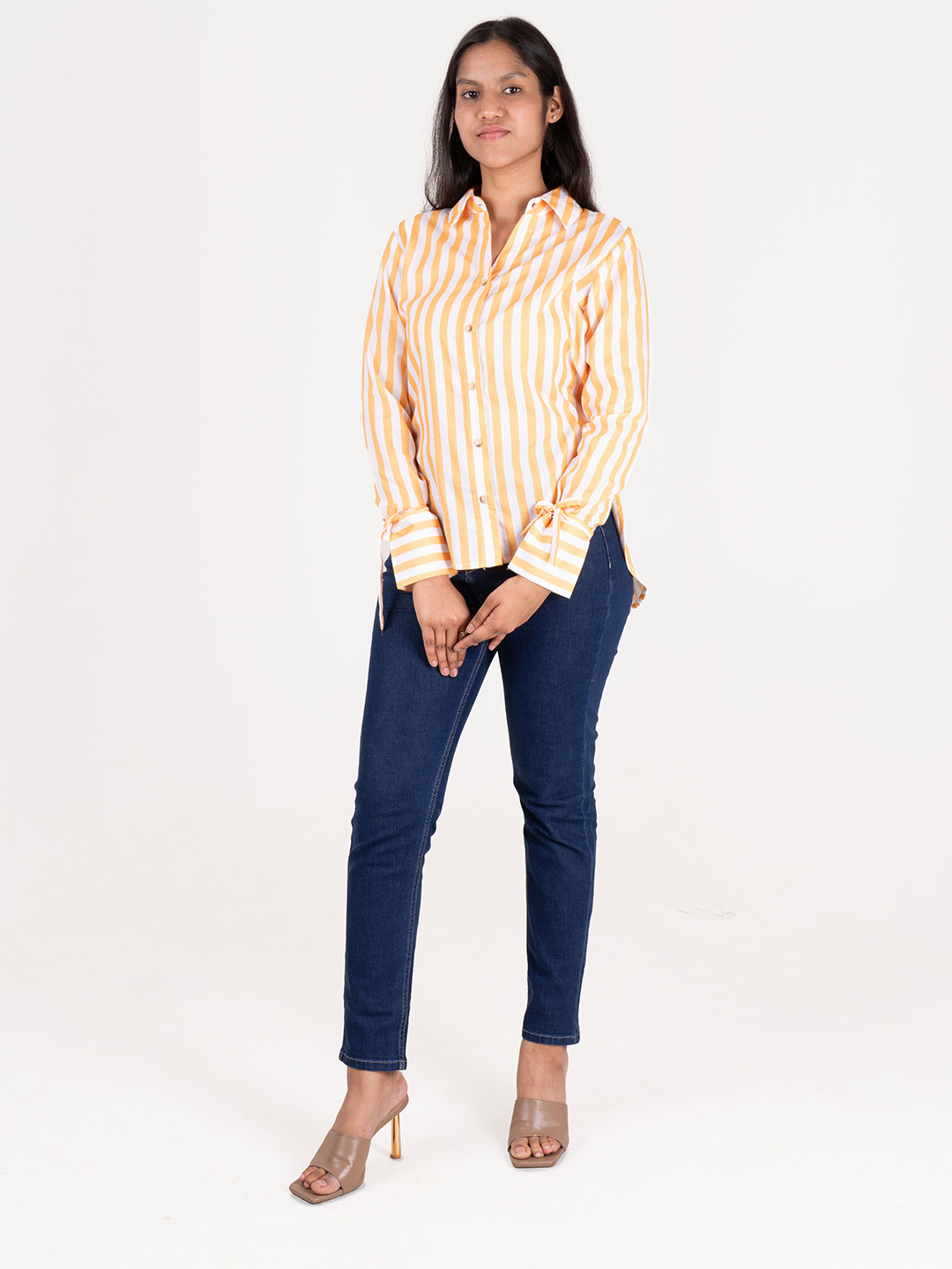 Moda Rapido Women Vertical Striped Spread Collar Cotton Casual Shirt