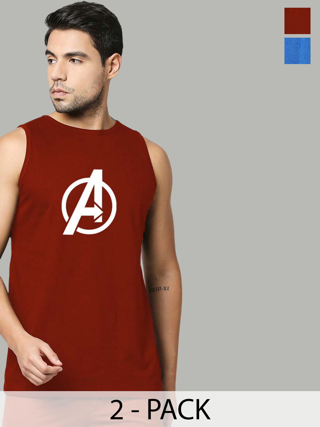 Organic Chics Pack Of 2 Printed Cotton Tank Vests Maroon Avenger - Royal Spider_S