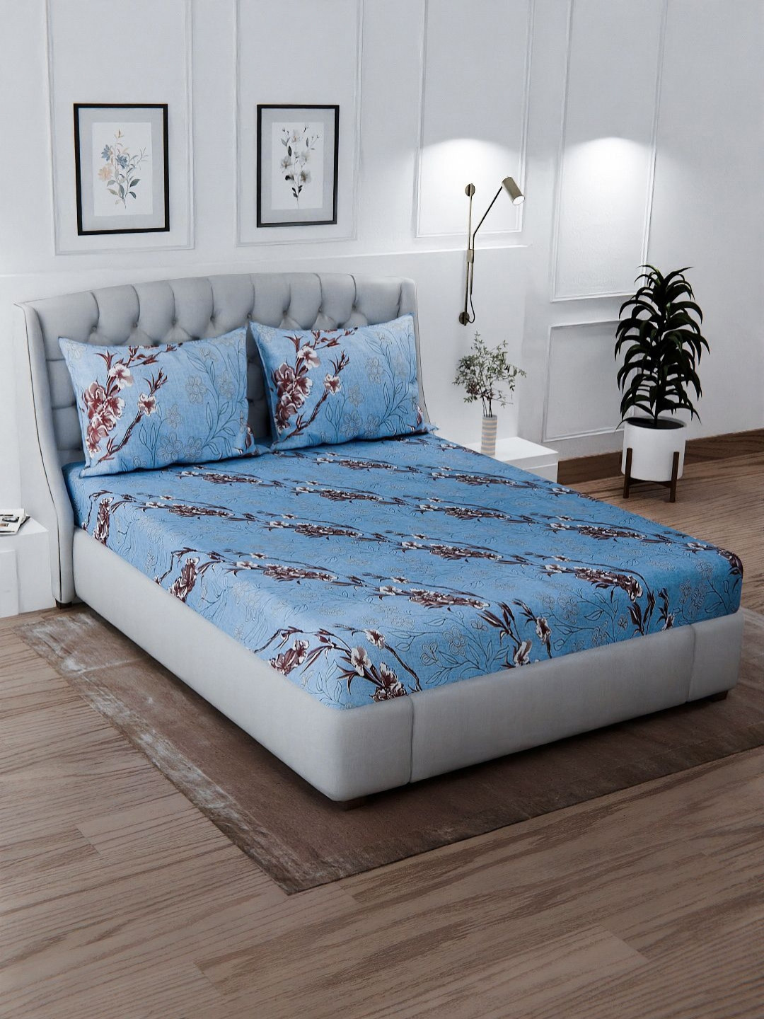 Signature Lilly Blue Floral Microfiber 120 TC King Superfine Bedsheet with 2 Pillow Covers-89 x 96 inches