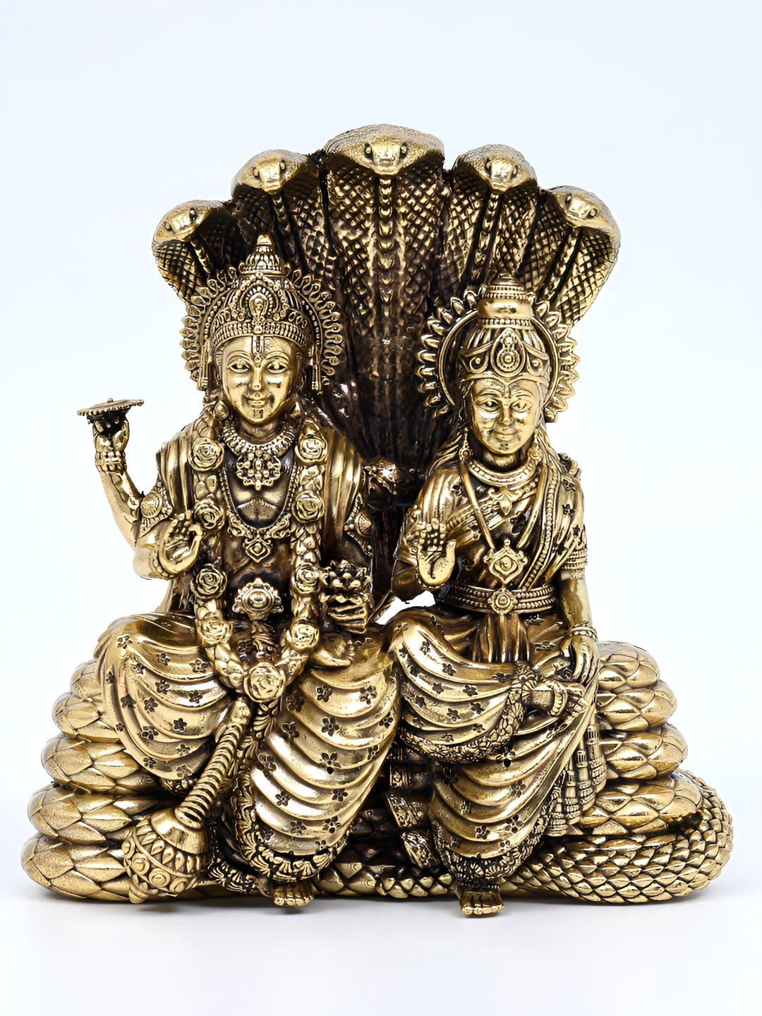 Exotic India Superfine Blessing Lakshmi - Narayana Seated on Sheshnag Gold Brass Metallic Living Room Medium Showpiece - 5.5 Inches