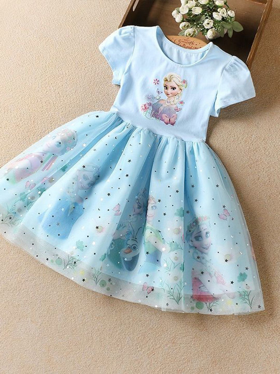 YK Girl's Cartoon Characters Printed Embellished Fit and Flare Knee Length Dress