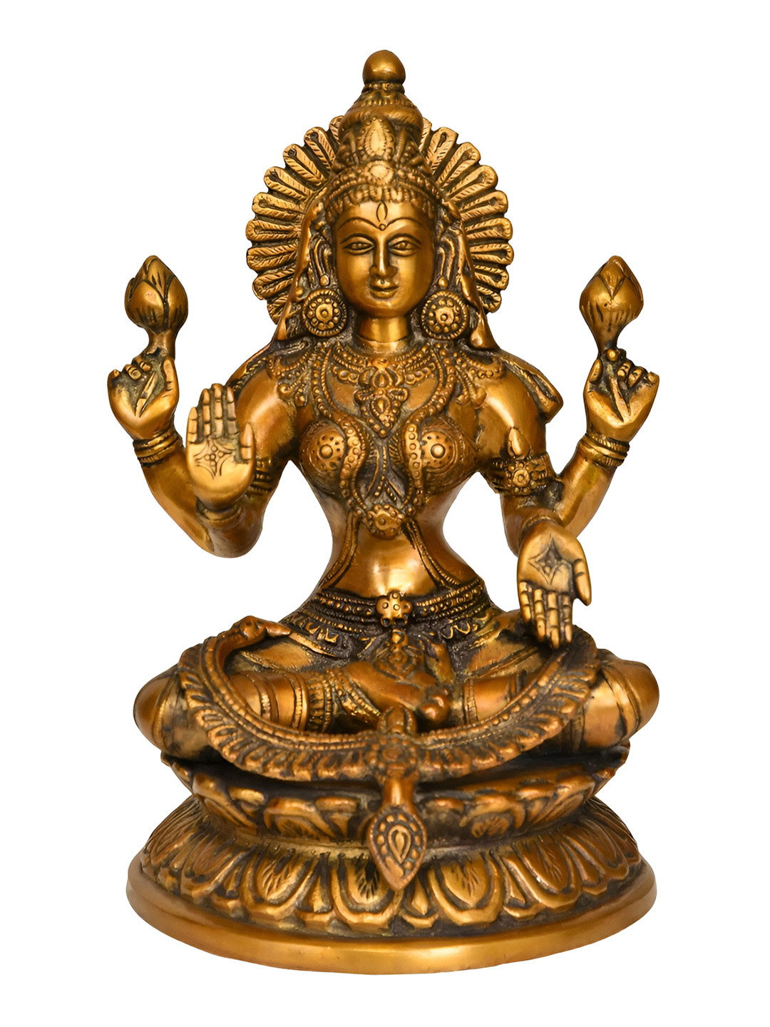 Exotic India Four-Armed Lakshmi in Abhaya-Mudra Gold Brass Metallic Prayer Room Medium Showpiece - 9.5 Inches