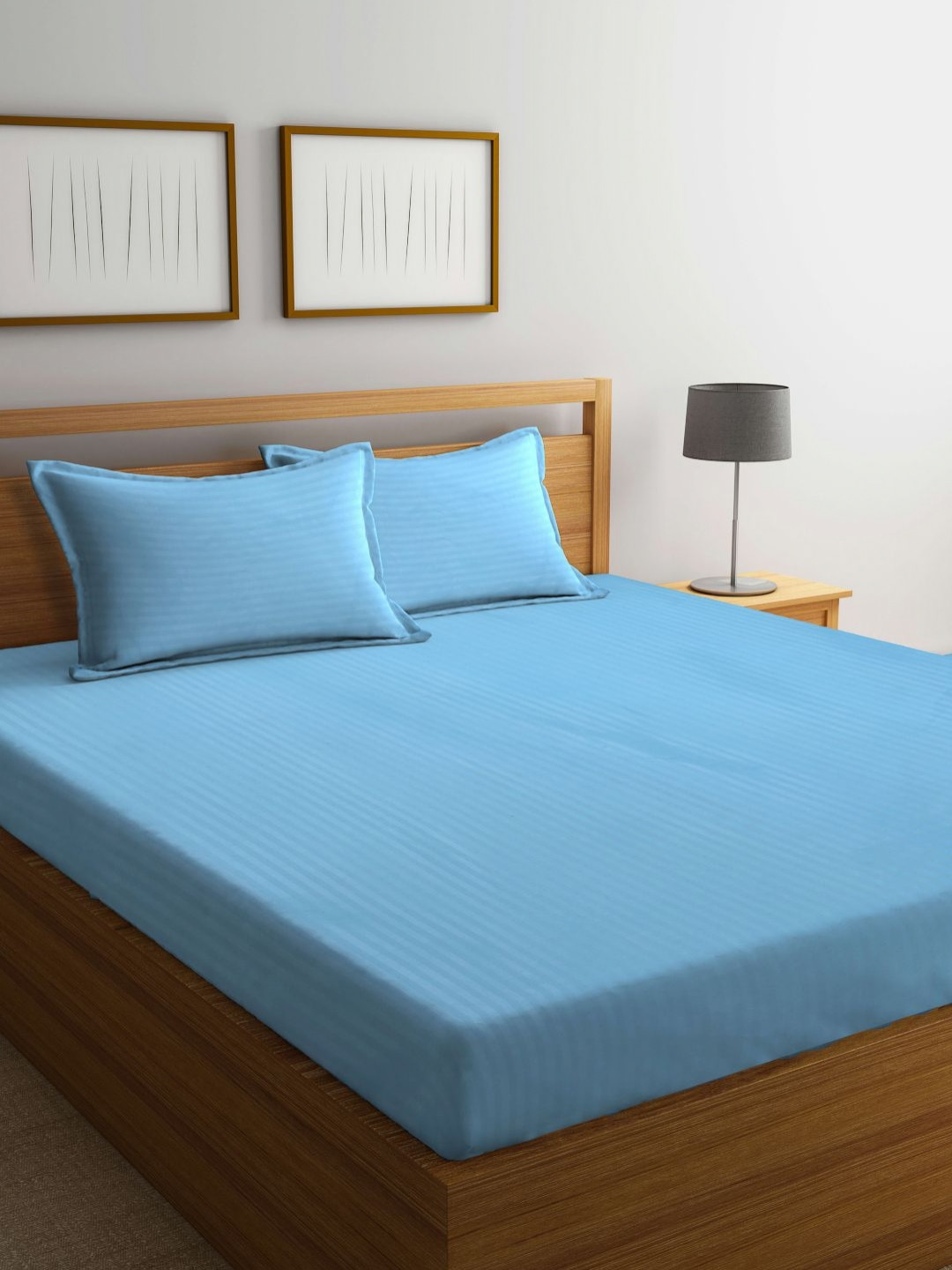 Myntra Elegant Homes Blue Striped 300 TC Super King Bedsheet & 2 Pillow Covers