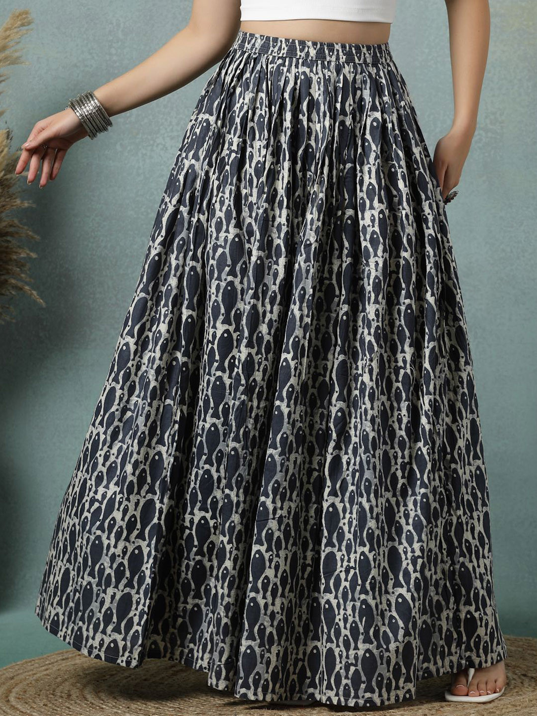 SUNEKH Procian Printed Cotton Flared Maxi Skirt