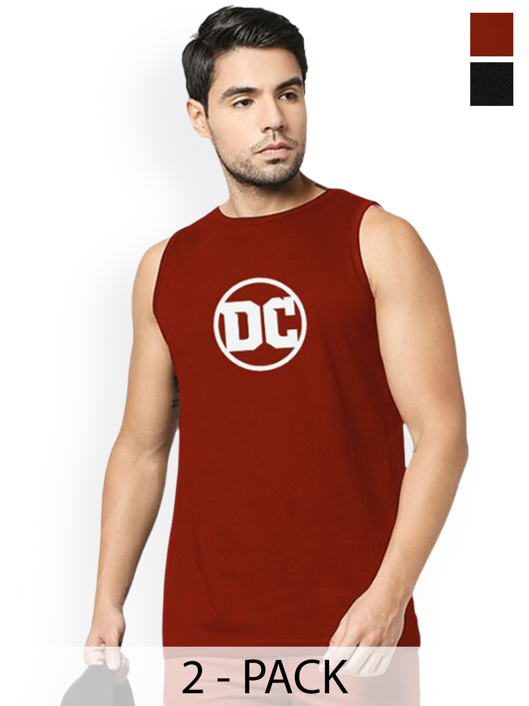 Organic Chics Pack Of 2 Printed Cotton Tank Vests Maroon DC - Black Batman_S