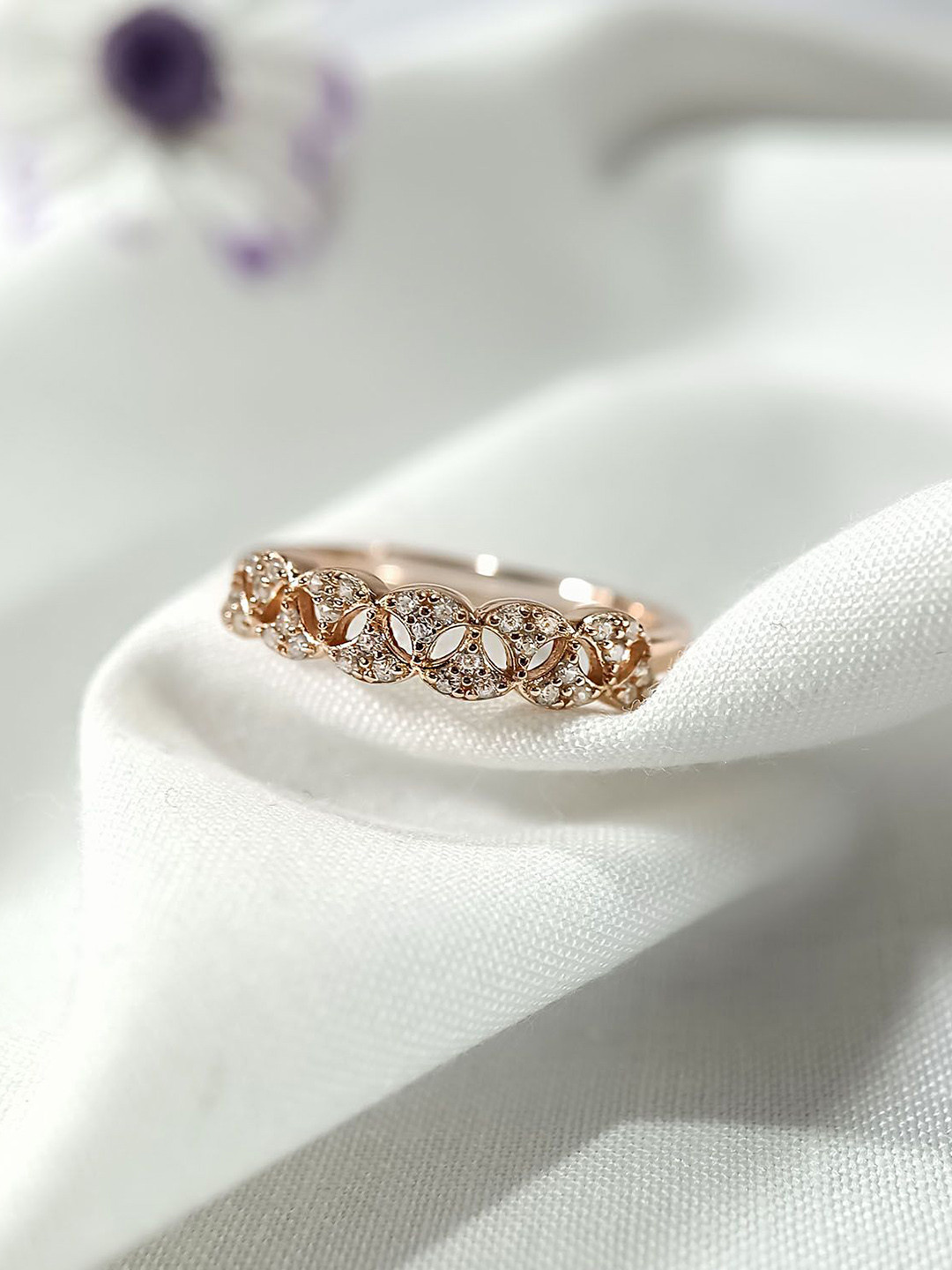 Women 925 Silver Rose Gold-Plated CZ Studded Adjustable Eternity Finger Ring