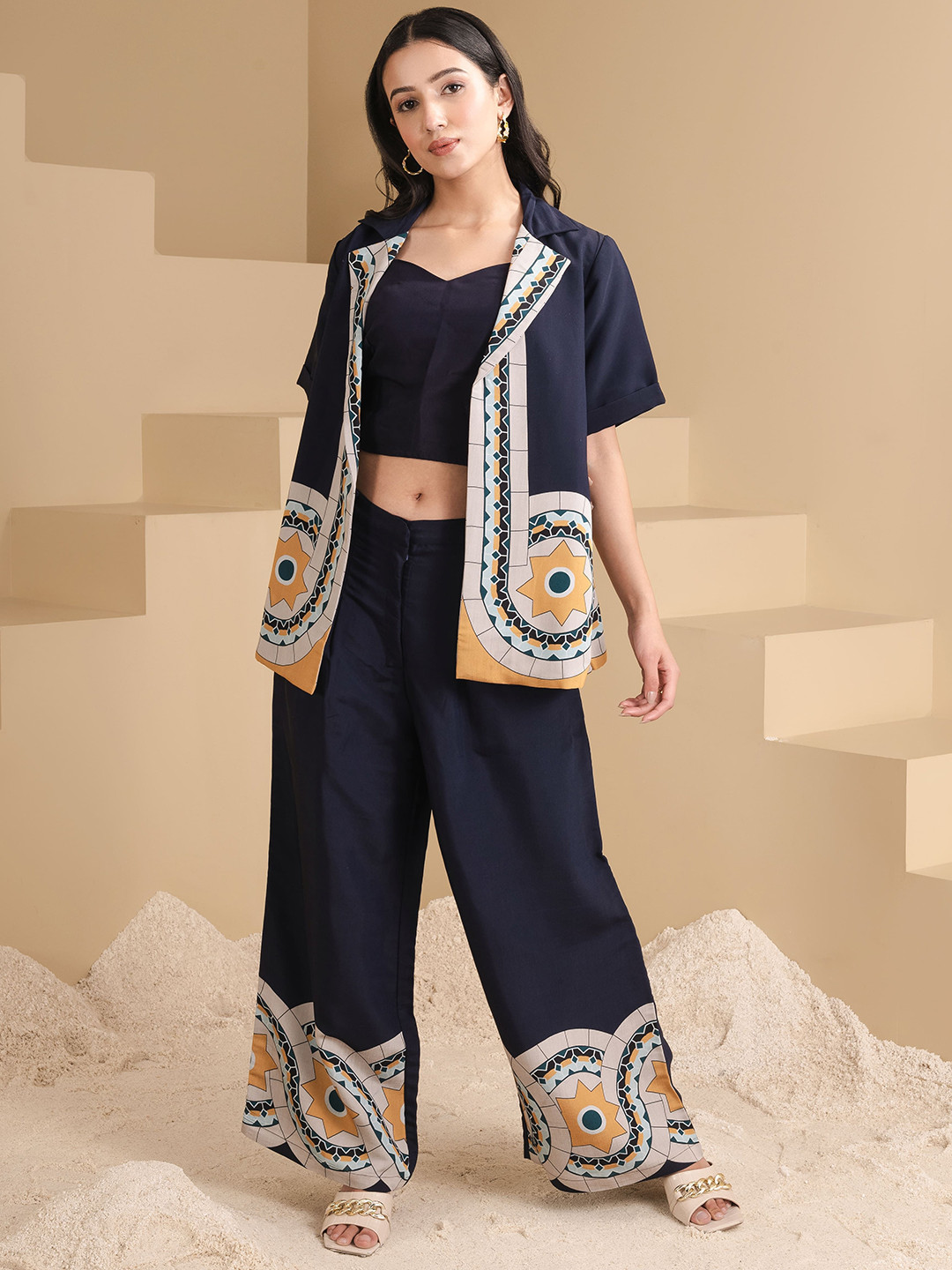 WoowZerz Printed Round-Neck Blazer With Trouser & Inner Co-Ords