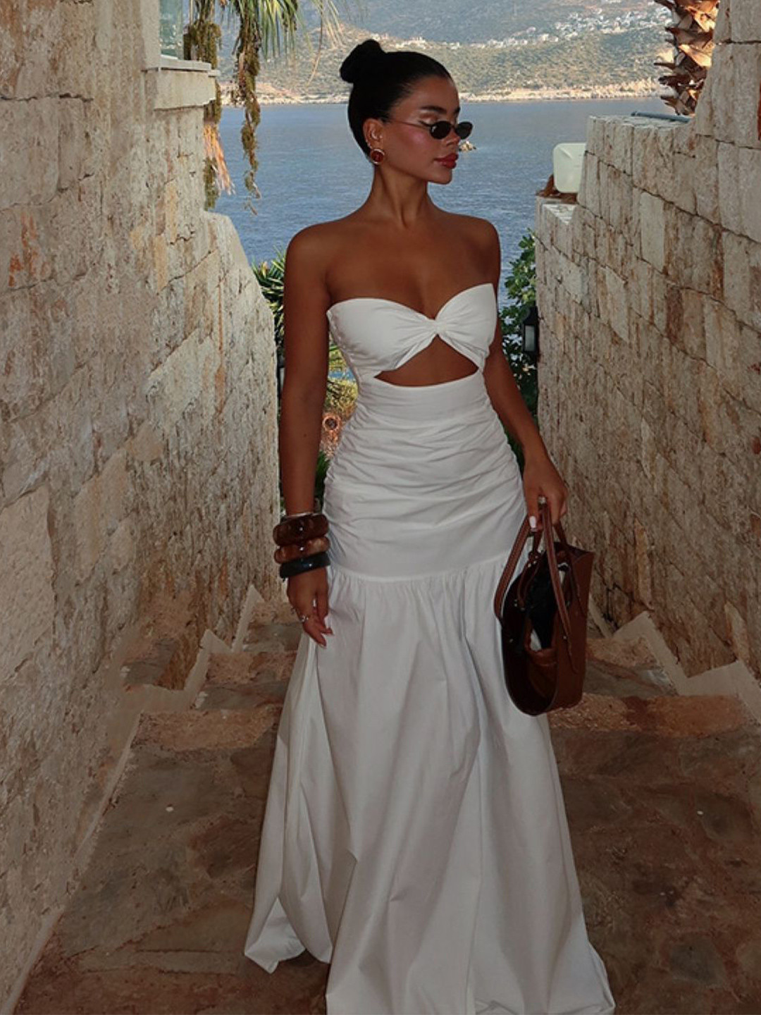 bebe White Strapless Twisted Cut-Out Ruched Drop Waist Maxi Dress