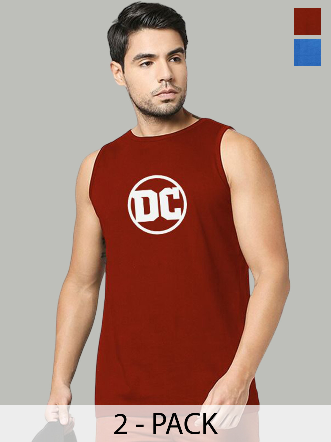 Organic Chics Pack Of 2 Printed Cotton Tank Vests Maroon DC - Royal Batman_S