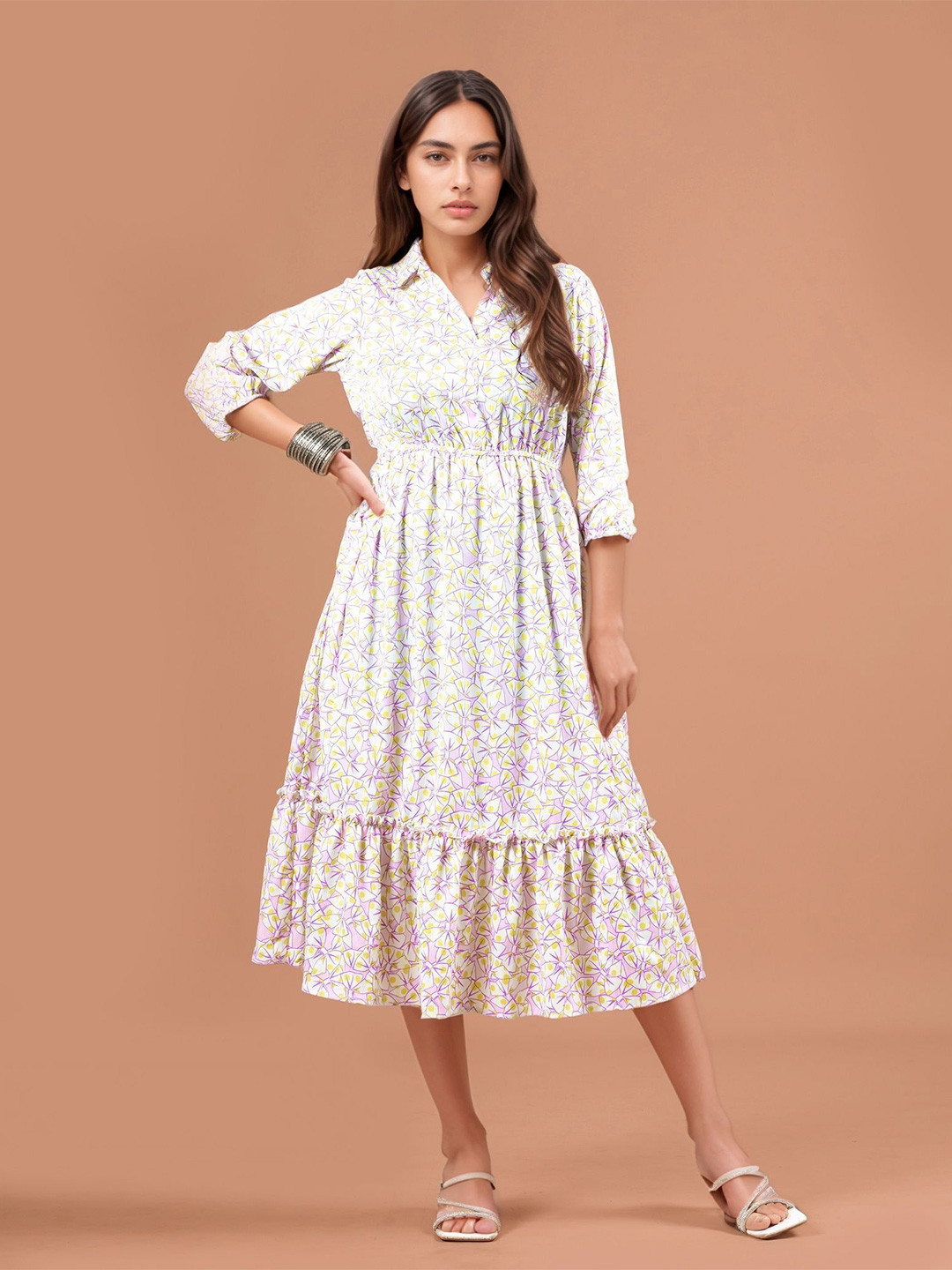 DressBerry Bow Print Ruffles Tiered Shirt Midi Dress