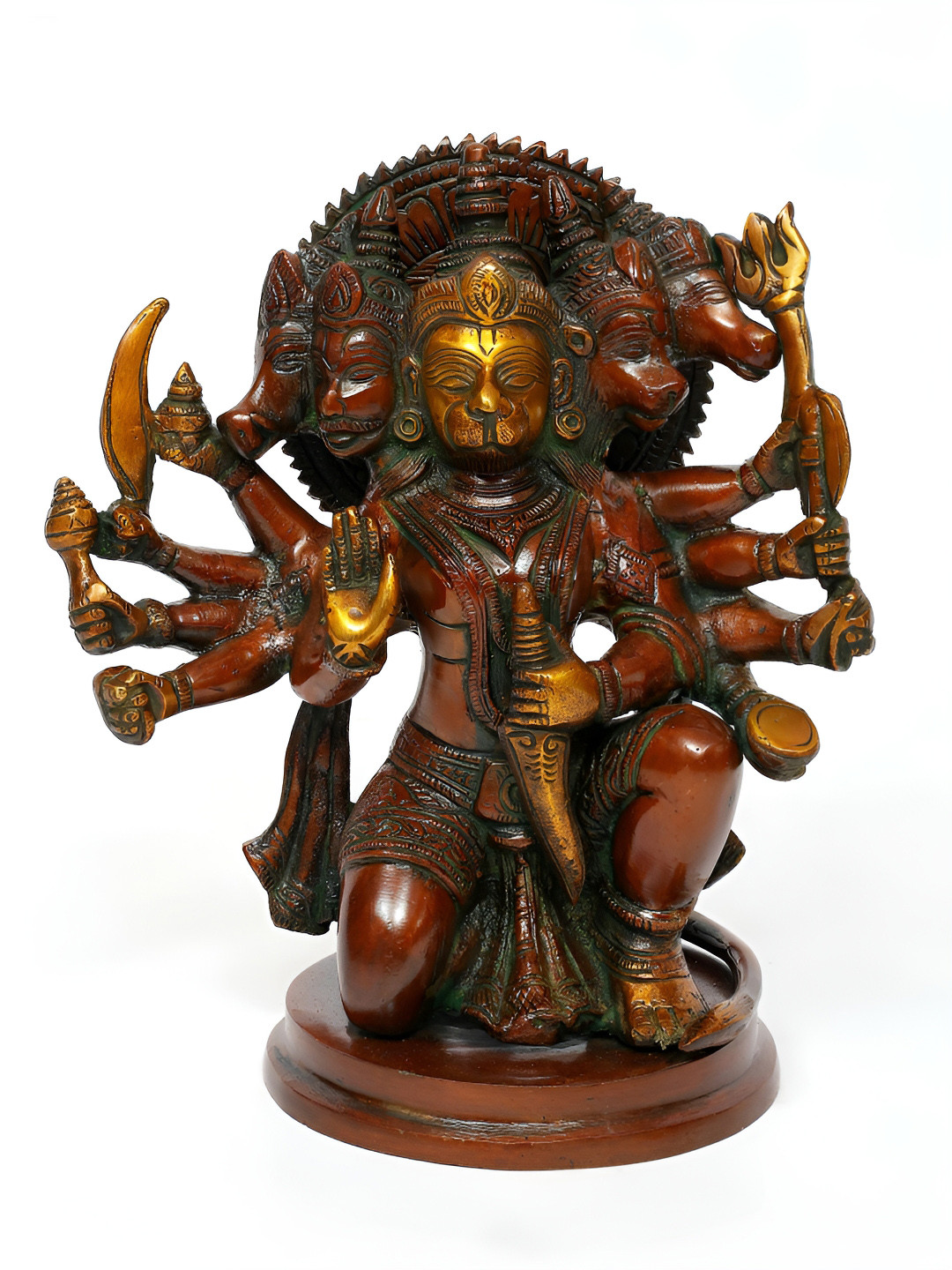Exotic India Five-Headed Lord Hanuman Brown Brass Metallic Prayer Room Hand Made Medium Showpiece - 8.7 Inches