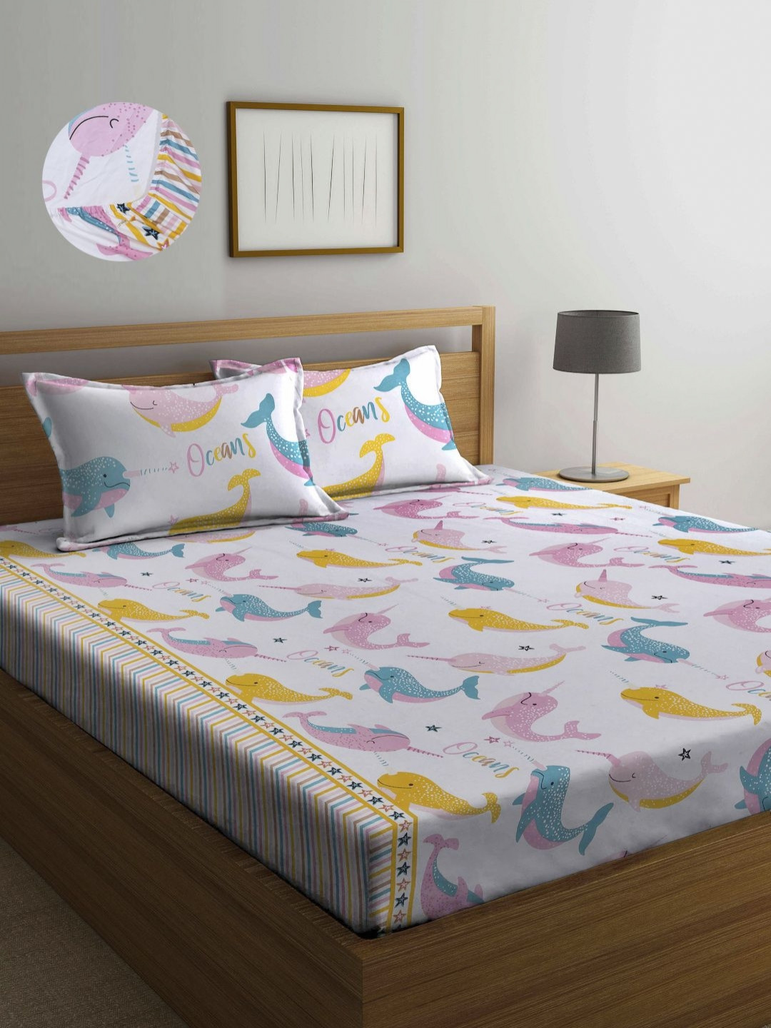Aura White Conversational Polycotton 300 TC Fitted King Superfine Bedsheet with 2 Pillow Covers-98 x 89 inches