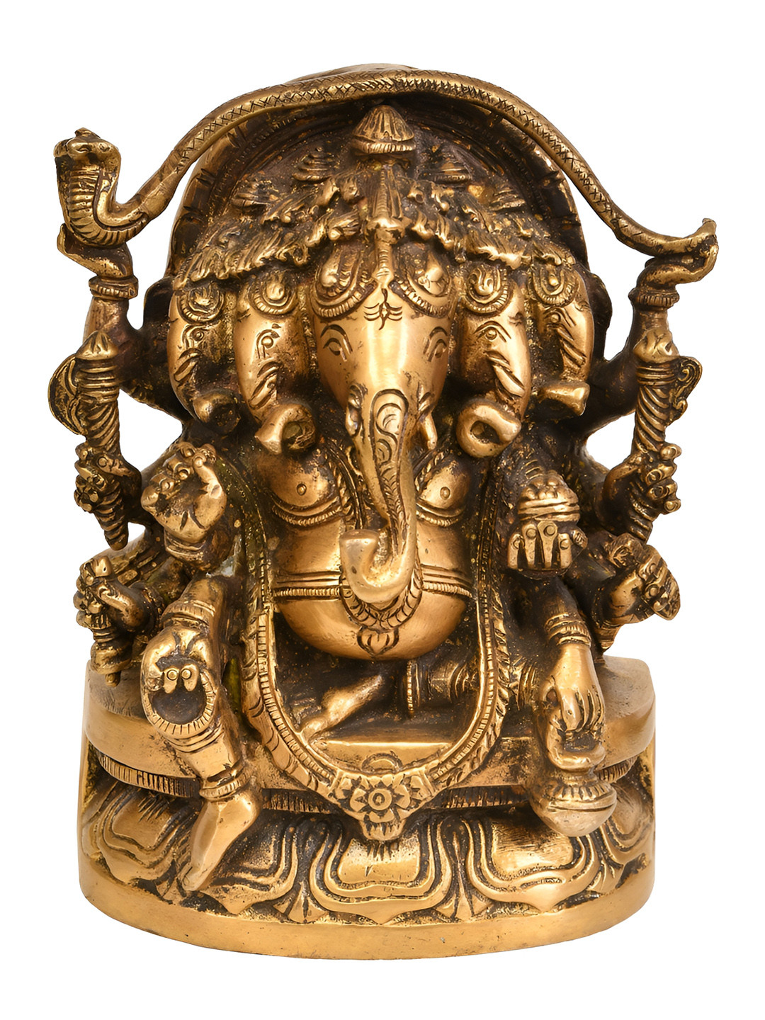 Exotic India Five Headed Lord Ganesha Gold Brass Metallic Prayer Room Hand Made Small Showpiece - 5.8 Inches