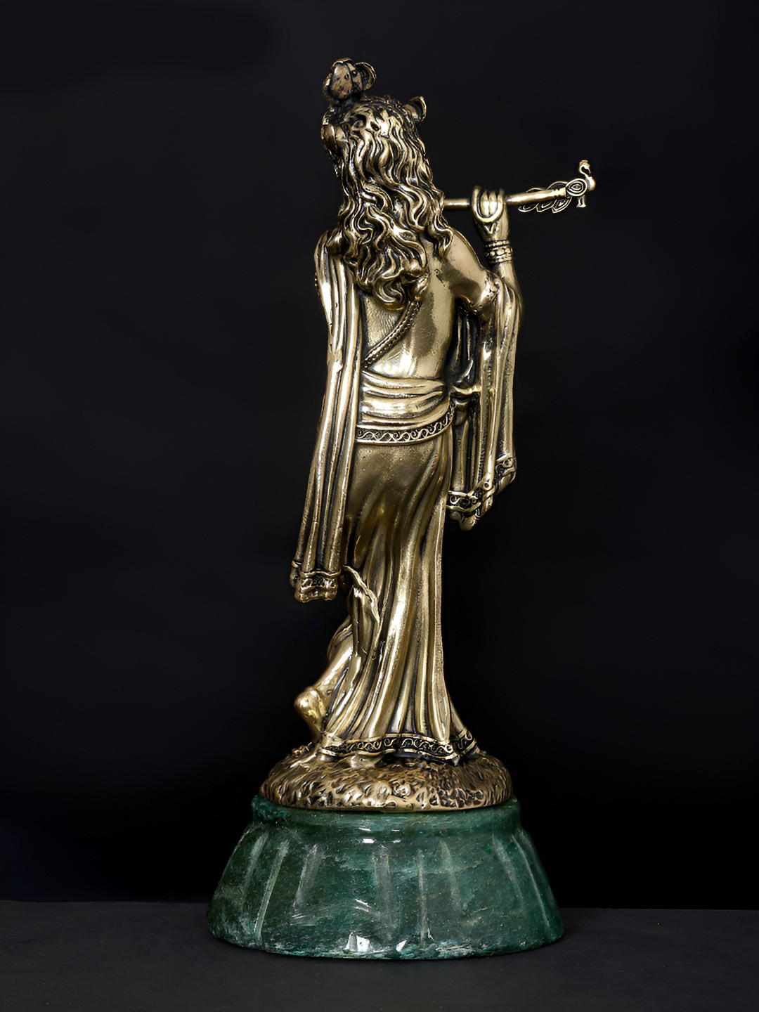 Exotic India Fluting Lord Krishna Gold Brass Metallic Prayer Room Small Showpiece - 6 Inches