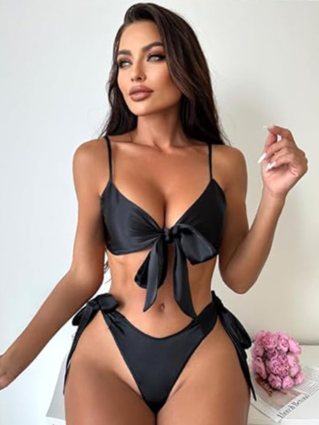 TrendVerse  2-Piece Bow Tie Satin Baby Doll