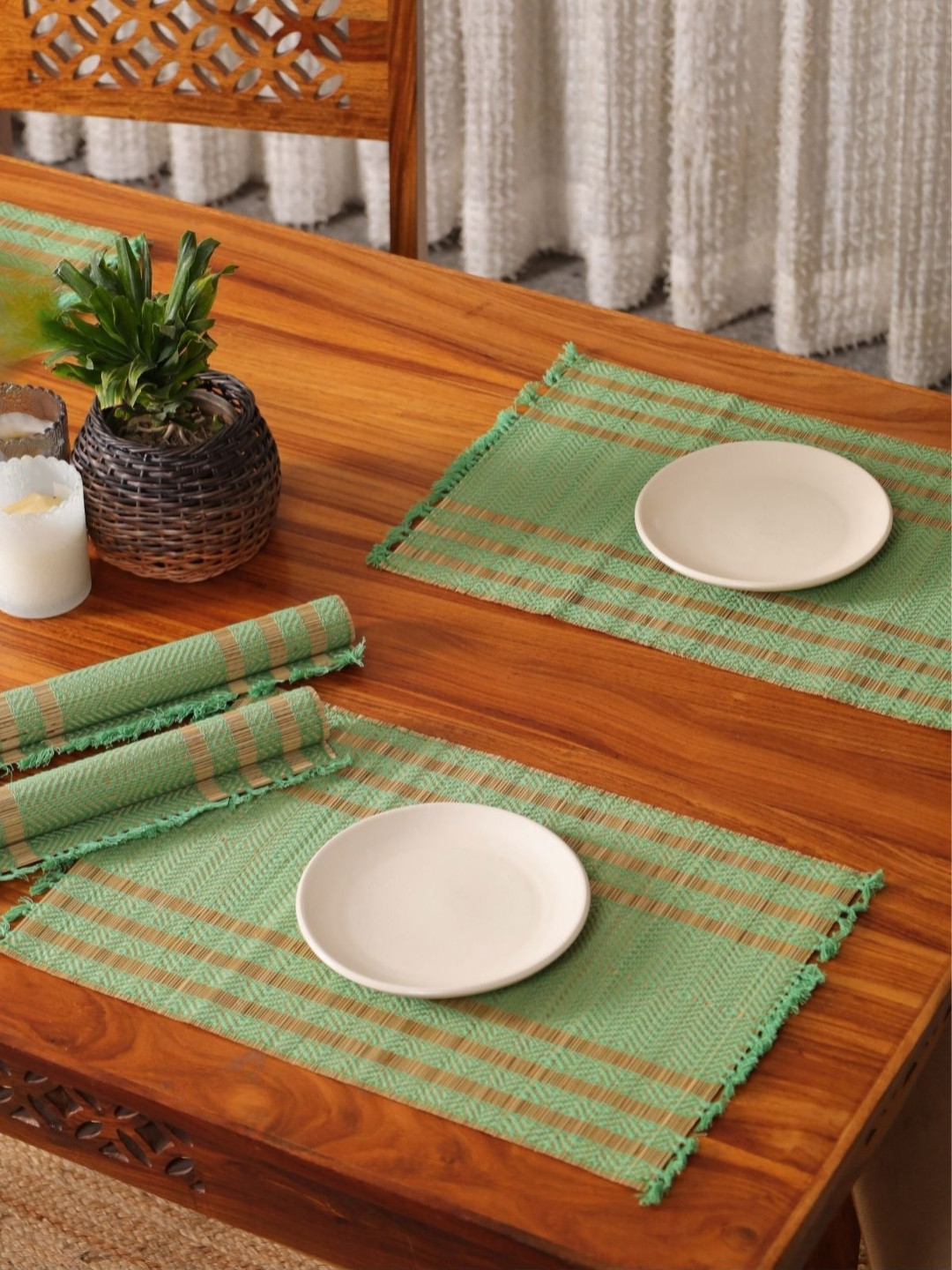Peepul Tree 4 Pieces Green & Beige Textured Table Placemats