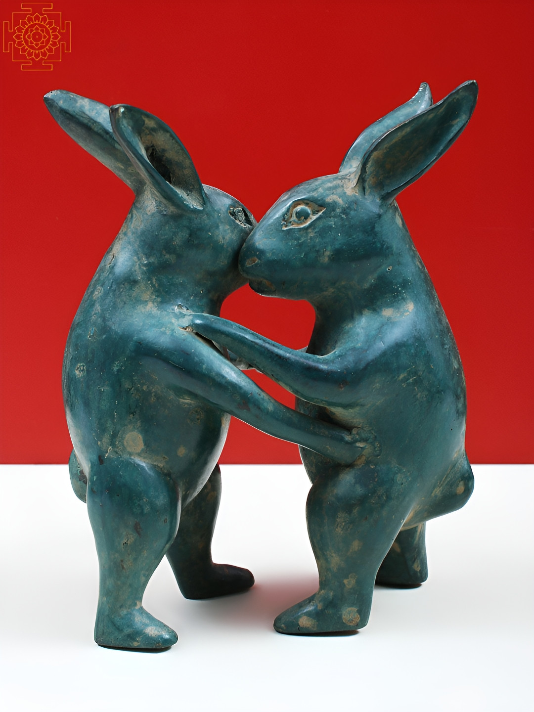 Exotic India Tango Dancing Rabbit Sea Green Brass Metallic Living Room Set of 2 Small Showpieces - 7.5 Inches