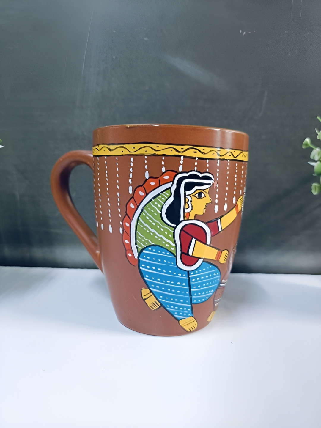 WEAVEHAND Brown & Blue Printed Ceramic Glossy Cup 500 ml