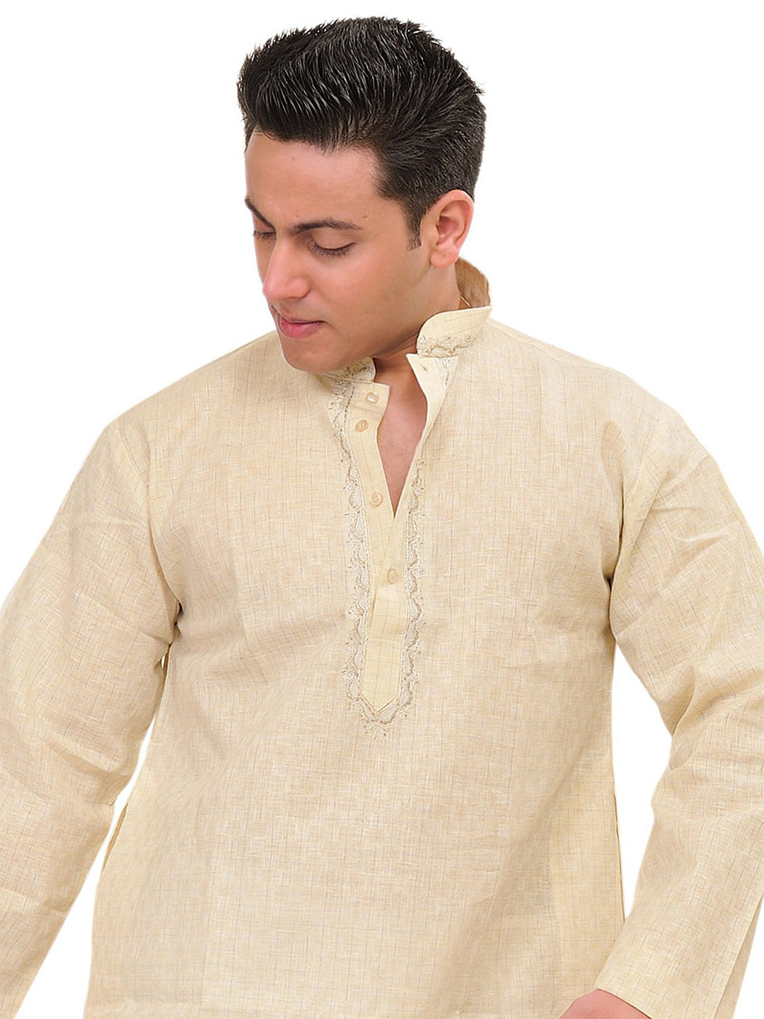 Exotic India Pure Cotton Kurta Pajama with Woven Checks And Thread Embroidery on Neck