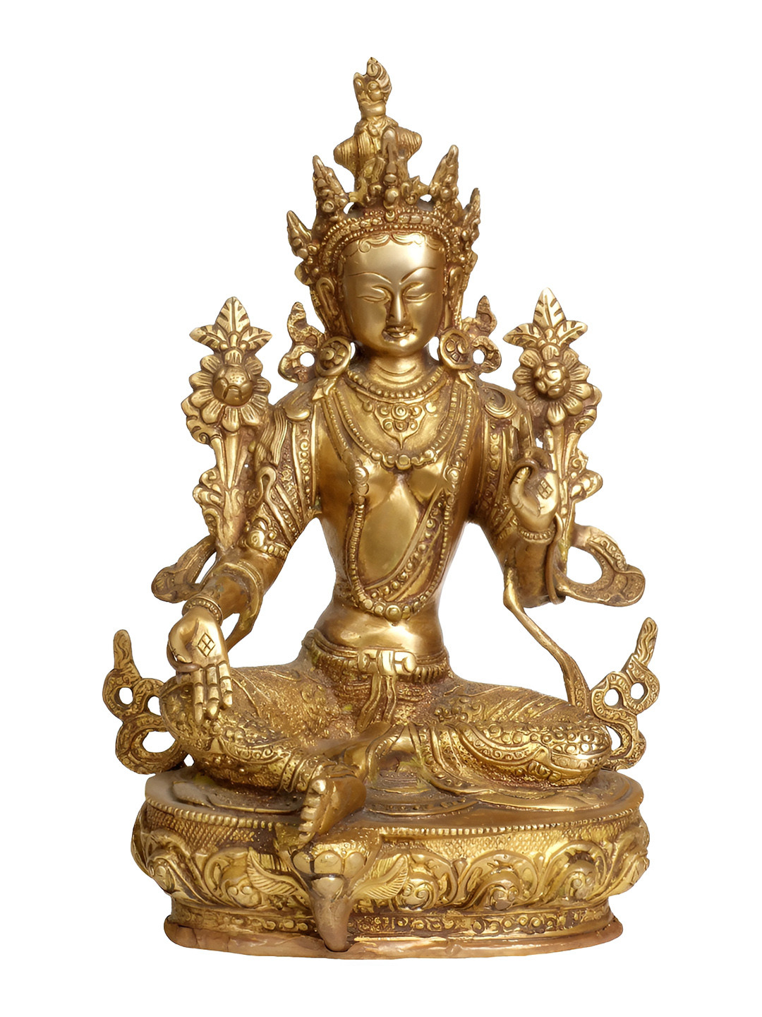 Exotic India Tibetan Buddhist Deity Tara Gold Brass Metallic Living Room Hand Made Medium Showpiece - 12.3 Inches