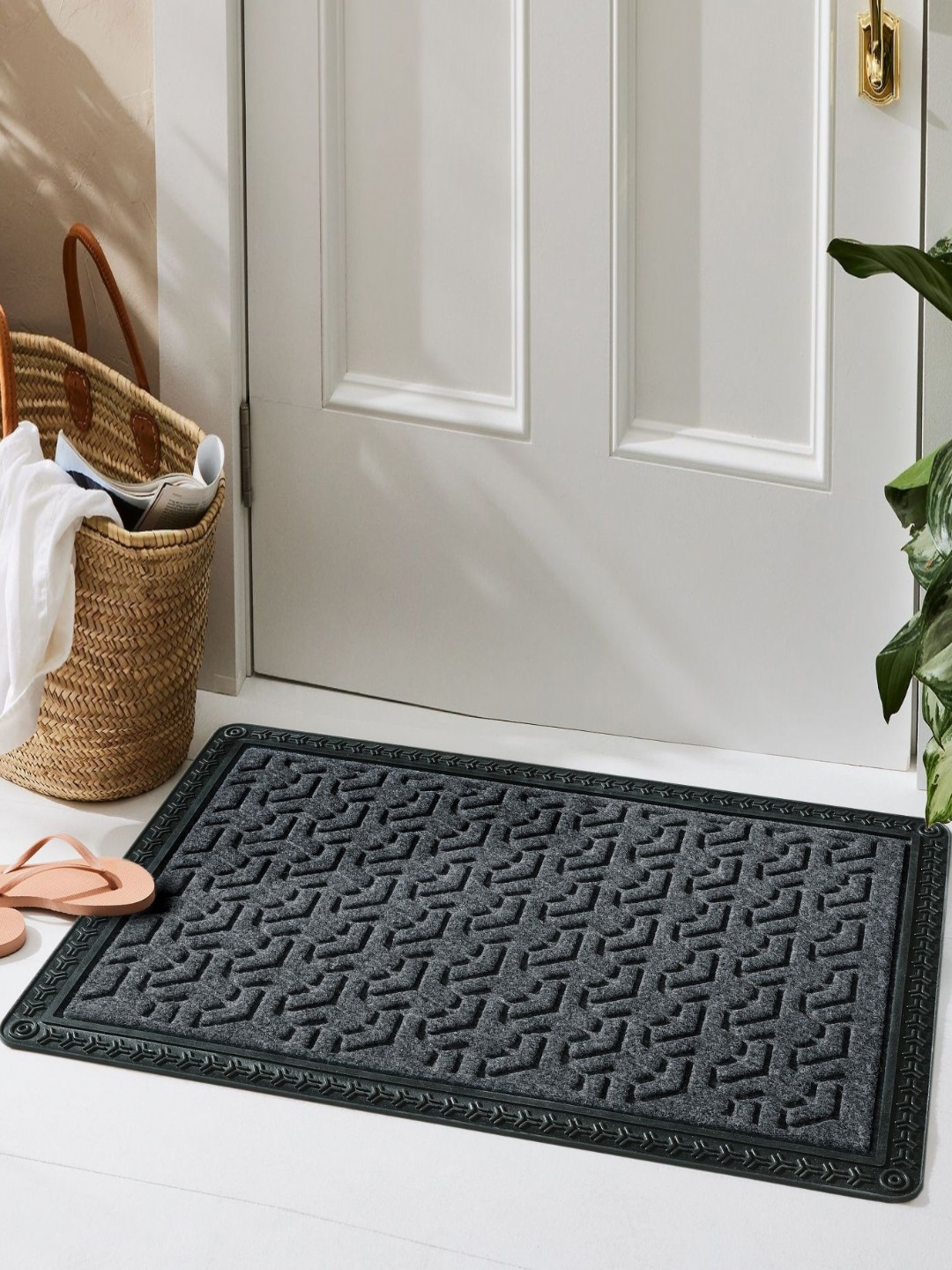 Galaxy Home Decor Grey & Black Self Designed Rectangular Waterproof Non-Slip Doormat