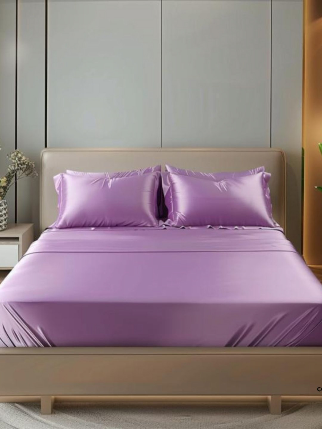 COOLBEDS LavenderSatin 400 TC Single Fitted Bedsheet With 2 Pillow Covers