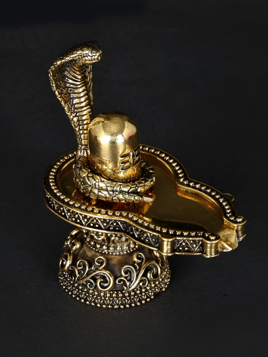 Exotic India Shivalinga with Sheshnag Gold Brass Metallic Prayer Room Small Showpiece - 3.8 Inches
