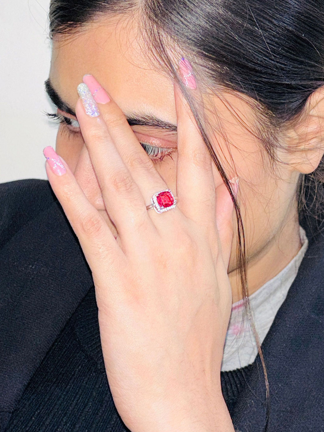 INARI SHINES 925 Silver Rhodium-Plated CZ Studded Square Ruby Engagement Finger Ring