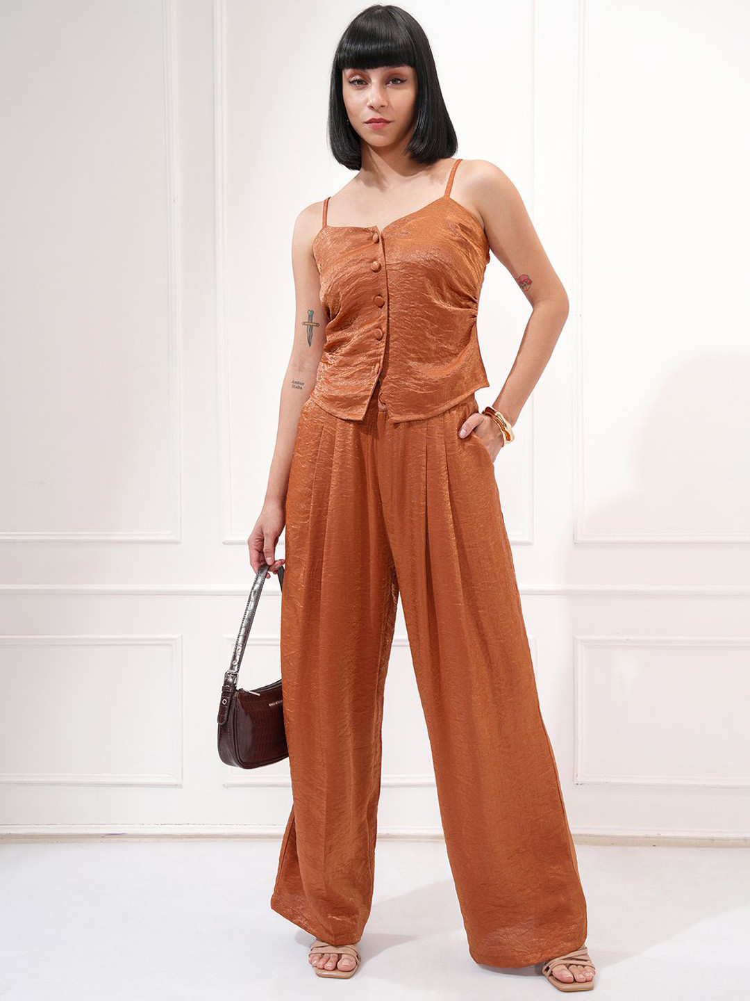 ESPYR By Tokyo Talkies Shimmer Button Down Top & Wide Leg Trousers Co-Ord Set