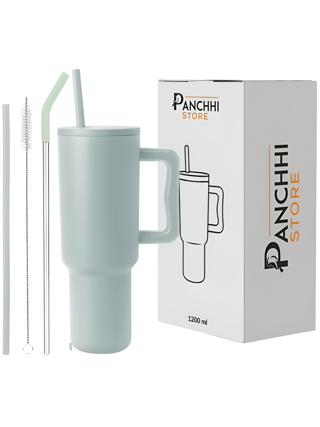 Panchhi Store Christmas Lime Green Stainless Steel Handmade Mug with Straw, Brush and Lid-1.2L