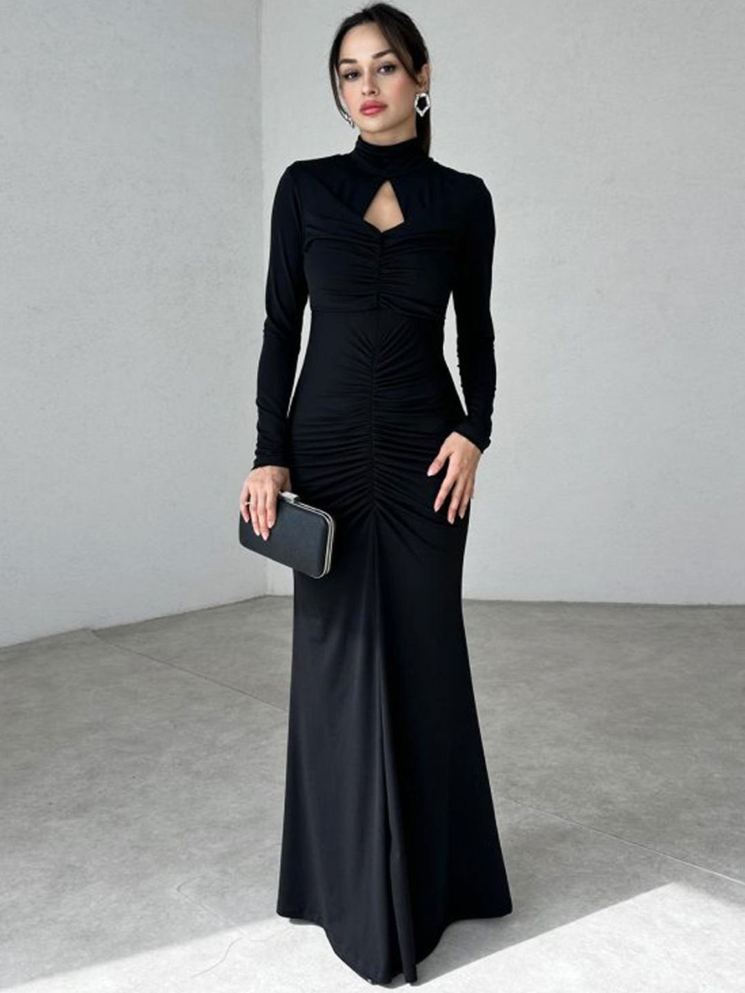 bebe Black Ruched Mock Neck Keyhole Long Sleeve Maxi Dress