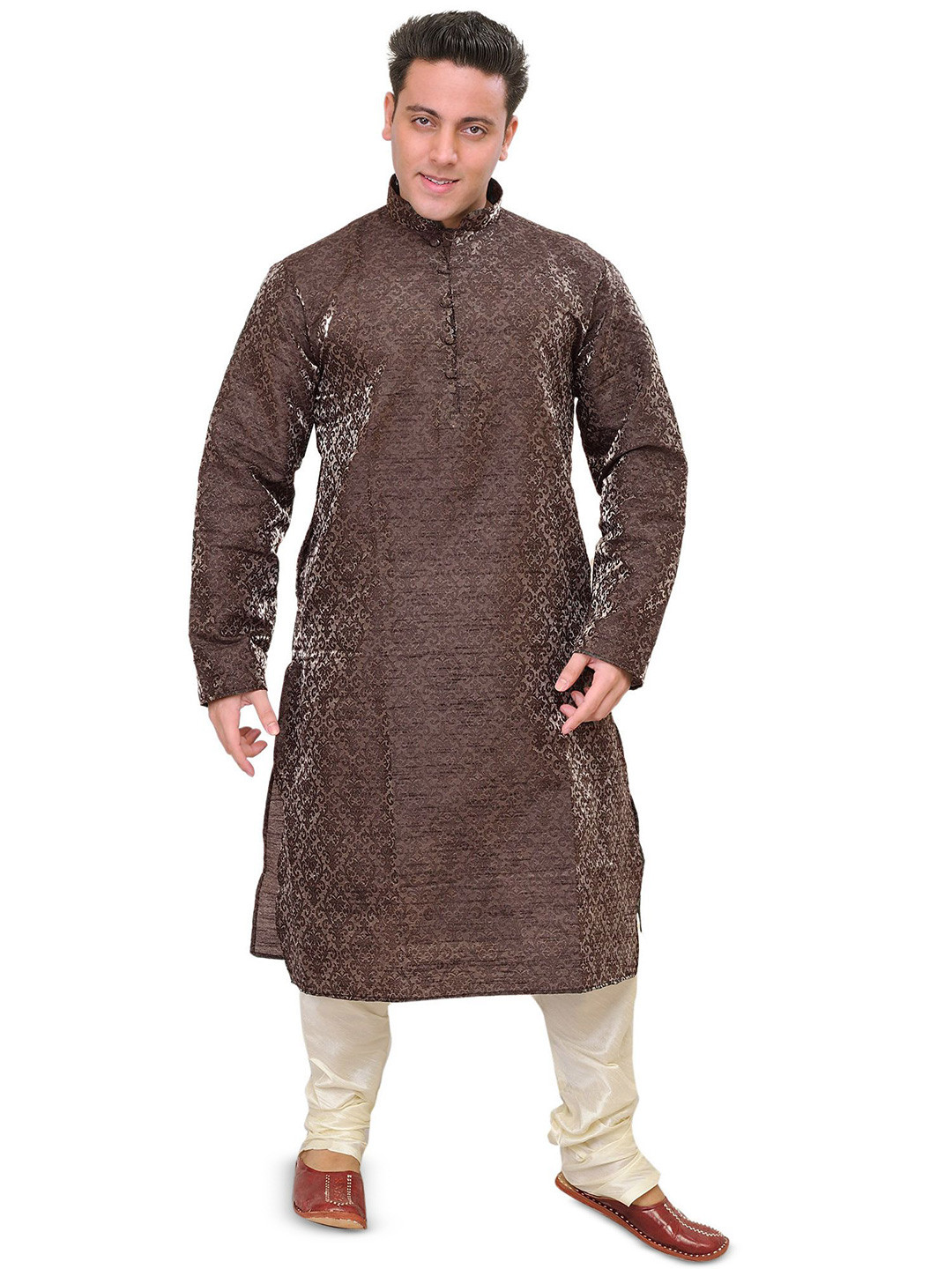 Exotic India Wedding Art Silk Kurta Pajama Set with All-Over Woven Floral Motifs In Self