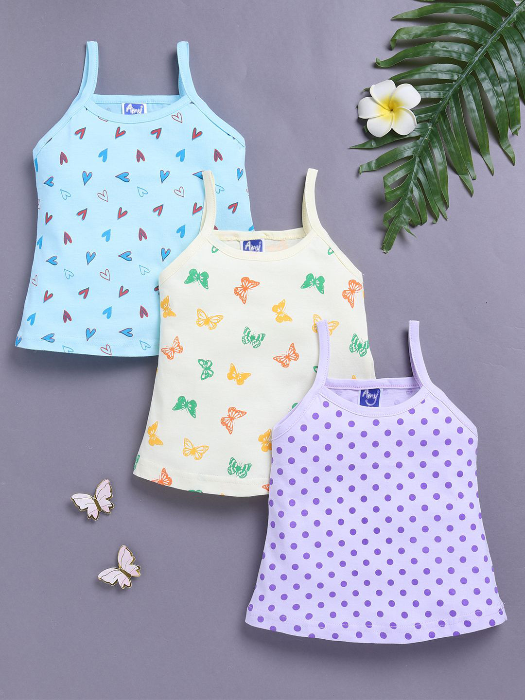 Unfab Infant Girls Assorted Pack Of 3 Printed Cotton Non Padded Camisoles
