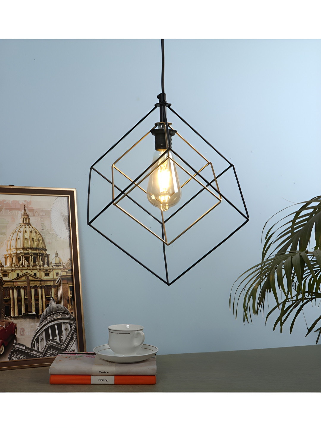 Two Moustaches Black & Gold-Toned Textured Double Cube Shaped Hanging Ceiling Lamp