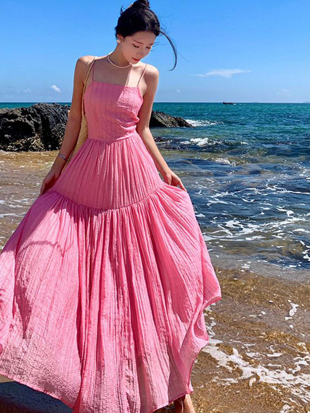 bebe Pink Smocked Back Criss-Cross Strap Tiered Maxi Dress