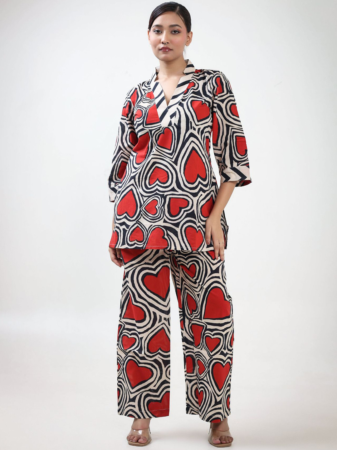 BUTA BUTI Heart Printed V-Neck Tunic & Trousers Co-Ord Set