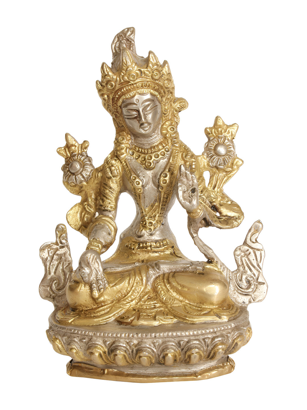 Exotic India Tara Gold Brass Metallic Home Office Set of 3 Small Showpieces - 5.5 Inches