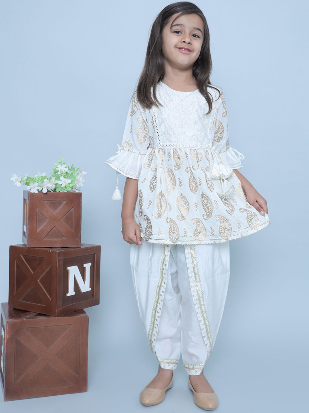OKARA Girls Ethnic Embroidered Pure Cotton Kurta with Dhoti Pant